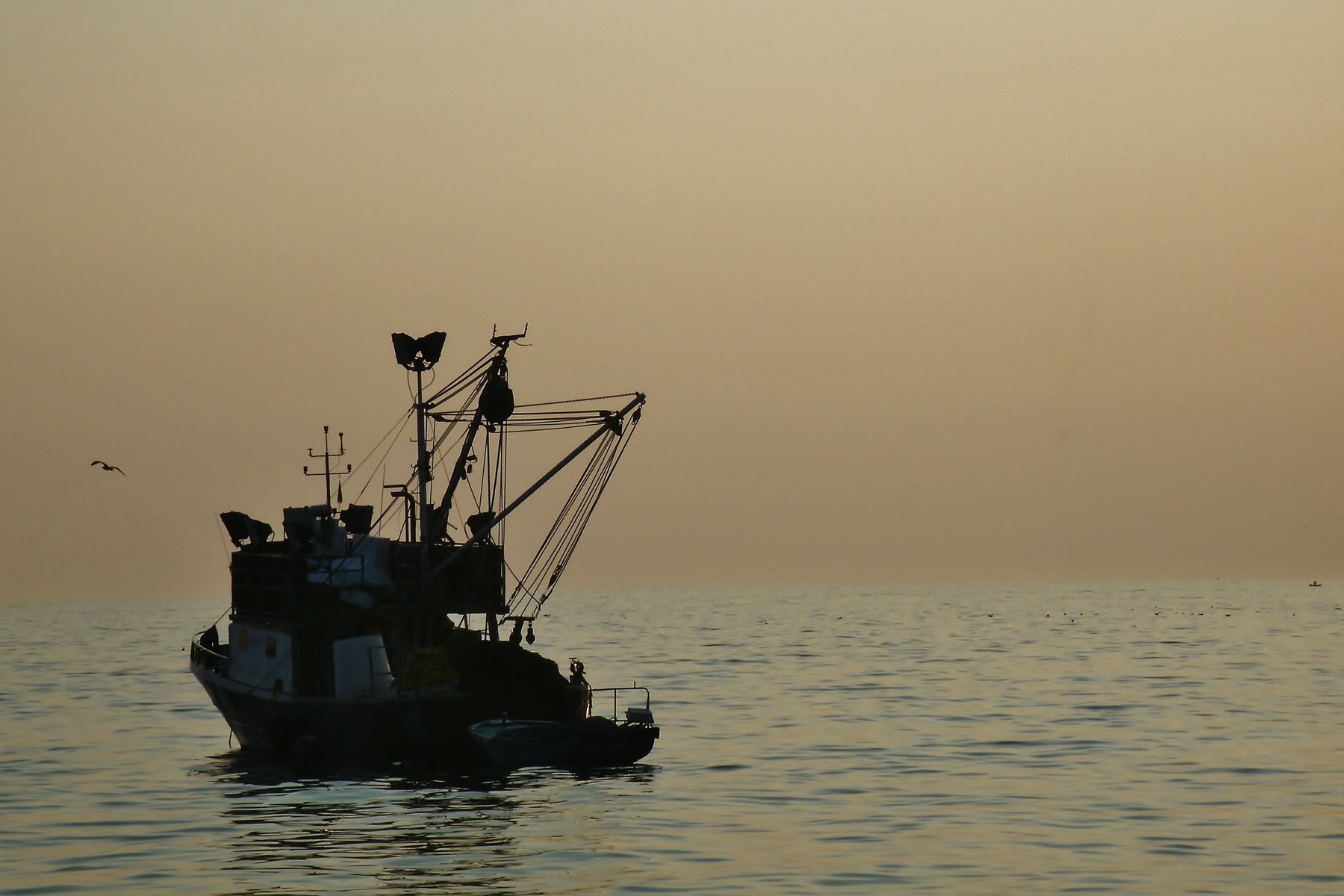 Ein Fischerboot im Sonnenuntergang
